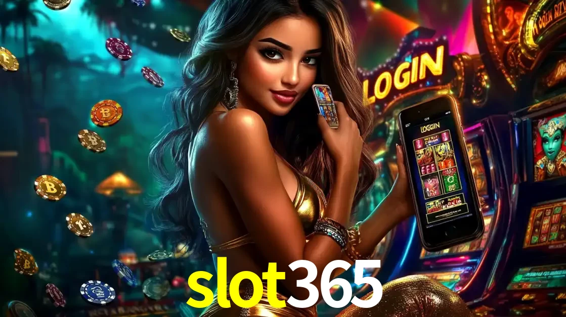 Mulher em um cenário de cassino temático de aventura, mostrando o app de caça-níqueis da slot365 no celular. Fichas de apostas flutuam ao redor.