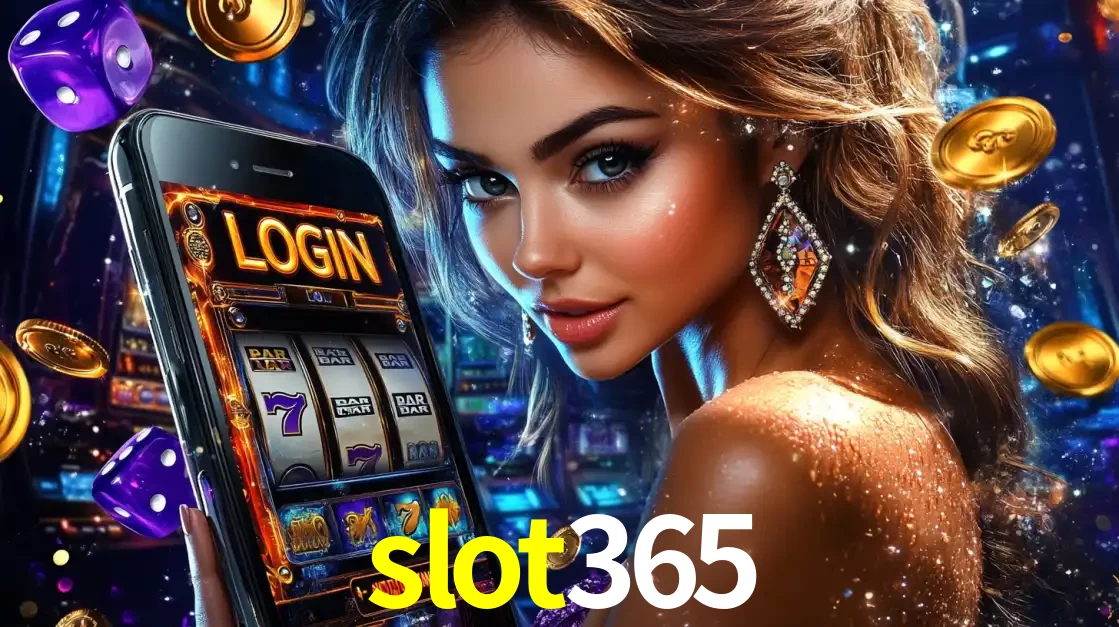 Mulher glamorosa segurando um smartphone com a tela de login para os jogos de caça-níqueis do cassino online slot365, com moedas de ouro e dados ao redor.